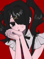 Rule 34 | 1girl, ame-chan (needy girl overdose), black eyes, black hair, black ribbon, collar, collared shirt, commentary, hair ornament, hair over one eye, hairclip, hands up, highres, interlocked fingers, long hair, looking at viewer, neck ribbon, needy girl overdose, open mouth, own hands together, red background, red shirt, ribbon, shirt, simple background, solo, suspenders, tears, twintails, upper body, white collar, x hair ornament, yoshinoa
