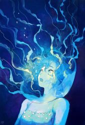 Rule 34 | 1girl, blue background, blue hair, blue skin, breasts, bubble, colored skin, commentary, english commentary, hair between eyes, highres, hyeonari, jellyfish, original, short hair, signature, simple background, small breasts, solo, tank top, underwater, upper body