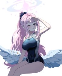 Rule 34 | 1girl, absurdres, angel wings, arm up, backlighting, bare shoulders, blue archive, blue scrunchie, blush, breasts, collarbone, commentary, competition swimsuit, covered navel, feathered wings, halo, high ponytail, highres, large breasts, long hair, looking at viewer, low wings, mika (blue archive), naseul 777, one-piece swimsuit, one eye closed, open mouth, pink hair, scrunchie, shading eyes, sidelocks, solo, swimsuit, very long hair, white wings, wide ponytail, wing ornament, wings