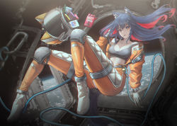 Rule 34 | 1girl, animal ears, arknights, bare shoulders, black hair, boots, breasts, cleavage, earth (planet), floating, floating hair, food, food in mouth, fr (frrrr), gloves, helmet, highres, jumpsuit, long hair, medium breasts, mouth hold, off shoulder, orange eyes, planet, pocky, red hair, solo, space, space helmet, sports bra, texas (arknights), white footwear, white gloves, wolf ears, zero gravity