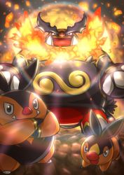 Rule 34 | black eyes, claws, closed mouth, commentary request, creatures (company), crossed arms, emboar, evolutionary line, fangs, fangs out, fire, game freak, gen 5 pokemon, looking at viewer, nintendo, no humans, open mouth, pignite, pokemon, pokemon (creature), red eyes, smile, standing, tako kagerou, tepig, tongue, tusks