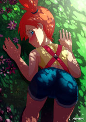 Rule 34 | 1girl, ass, bare shoulders, blue eyes, blush, cameltoe, creatures (company), denim, denim shorts, from above, from behind, game freak, gym leader, highres, looking back, misty (pokemon), nintendo, open mouth, orange hair, pantylines, pokemon, pokemon (anime), rybiorock, short shorts, shorts, side ponytail, solo, suspenders, top-down bottom-up