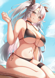 Rule 34 | 1girl, :q, absurdres, azur lane, bikini, black bikini, breasts, commentary request, hair between eyes, hair ribbon, halterneck, highres, in water, jewelry, kneeling, large breasts, legs together, licking, licking lips, looking at viewer, mole, mole on breast, moyoron, navel, necklace, official alternate costume, prinz eugen (azur lane), prinz eugen (unfading smile) (azur lane), ribbon, side-tie bikini bottom, solo, string bikini, swimsuit, thigh strap, thighs, tongue, tongue out, twintails, underboob, wet, white hair, yellow eyes