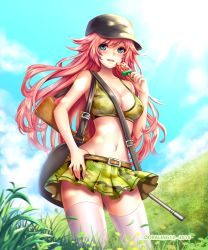 Rule 34 | 10s, 1girl, 2016, :d, artist name, bare arms, bare shoulders, baseball cap, belt buckle, black hat, blue eyes, blue sky, bra, breasts, buckle, camouflage, camouflage bra, camouflage skirt, cleavage, cloud, collarbone, day, field, food, grass, groin, gun, gun sling, hand on own hip, hat, holding, holding behind back, holding food, ice cream, large breasts, ling (doraling12), long hair, looking at viewer, midriff, miniskirt, navel, open mouth, original, outdoors, over shoulder, parted lips, pink hair, plant, popsicle, rifle, shiny skin, shoulder belt, skirt, sky, smile, solo, stomach, sunlight, thighhighs, underwear, very long hair, weapon, white thighhighs, zettai ryouiki