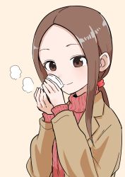Rule 34 | 1girl, absurdres, brown eyes, brown hair, brown jacket, closed mouth, collared jacket, commentary request, cup, disposable cup, hair tie, hands up, highres, holding, holding cup, inaba mifumi, jacket, karakai jouzu no (moto) takagi-san, karakai jouzu no takagi-san, long hair, long sleeves, red sweater, simple background, smile, solo, steam, sweater, takagi-san, upper body