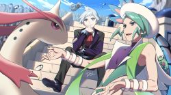 Rule 34 | 2boys, beldum, closed mouth, cloud, commentary, creatures (company), day, dolustoy, game freak, gen 3 pokemon, green hair, grey eyes, grey hair, hand up, highres, jacket, long sleeves, male focus, milotic, multiple boys, nintendo, open mouth, outdoors, pants, pokemon, pokemon (creature), pokemon oras, shoes, short hair, sitting, sky, smile, stairs, steven stone, teeth, tongue, upper teeth only, wallace (pokemon), water drop