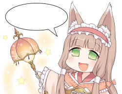Rule 34 | 1girl, :d, animal ear fluff, animal ears, bad id, bad pixiv id, blank speech bubble, blunt bangs, blush, bow, brown bow, brown kimono, character request, fang, frilled hairband, frilled sleeves, frills, green eyes, greenteaneko, hair bow, hairband, head tilt, heart, highres, holding, holding staff, japanese clothes, kimono, light brown hair, long hair, long sleeves, looking at viewer, maho (princess connect!), open mouth, photoshop (medium), princess connect!, red hairband, smile, solo, speech bubble, staff, star (symbol), template, wide sleeves