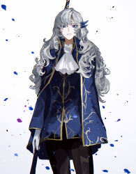 Rule 34 | 1boy, absurdres, argalia (project moon), ascot, black pants, blue cape, blue eyes, blue jacket, cape, choroi amachori, collared cape, falling petals, gloves, hair ornament, highres, jacket, library of ruina, long hair, long sleeves, looking at viewer, pants, parted lips, petals, project moon, simple background, solo, very long hair, white ascot, white background, white gloves, white hair