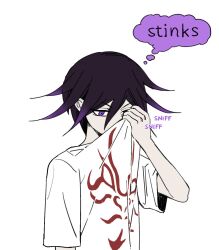 Rule 34 | 1boy, black hair, borrowed clothes, clothes lift, danganronpa (series), danganronpa v3: killing harmony, hand up, highres, looking down, male focus, miri (bossu osu), multicolored hair, oma kokichi, pale skin, pink eyes, purple hair, shirt lift, short sleeves, simple background, solo, spiked hair, thought bubble, two-tone hair, white background