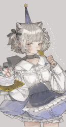 1girl alternate_costume animal_ear_fluff animal_ears black_choker black_ribbon blue_eyes buttons cake cat_ears cat_girl chino_(valis) choker commentary_request cowboy_shot dress food frilled_dress frilled_skirt frills grey_background grey_hair hair_ribbon happy_birthday hat highres holding holding_plate holding_utensil kamitsubaki_studio long_sleeves looking_at_viewer nekosuke_(oxo) party_hat plate ribbon shirt short_hair simple_background sinsekai_studio skirt solo standing utensil_in_mouth valis_(sinsekai) virtual_youtuber white_dress white_shirt