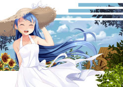 Rule 34 | 1girl, :d, ^ ^, arm behind back, bare arms, bare shoulders, blonde hair, blue hair, blue sky, closed eyes, cloud, cloudy sky, collarbone, commentary, day, dress, facing viewer, flower, hand on headwear, hat, hat ribbon, kantai collection, leaf, long hair, multicolored hair, open mouth, outdoors, plant, ribbon, samidare (kancolle), sidelocks, sky, sleeveless, sleeveless dress, smile, solo, straw hat, streaked hair, sun hat, sundress, sunflower, swept bangs, teeth, two-tone hair, upper teeth only, very long hair, water wheel, white dress, white ribbon, yasume yukito