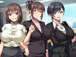 Rule 34 | 3girls, breasts, game cg, large breasts, multiple girls, office, office lady, sakura romako, shain kyouiku: koremade no urami, subete harashiteyaru!, short hair, smile
