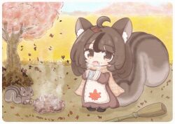 Rule 34 | 1girl, ahoge, animal ear fluff, animal ears, autumn, autumn leaves, broom, brown eyes, brown hair, brown robe, chibi, commentary request, day, eating, falling leaves, fang, food, full body, highres, holding, holding food, leaf, leaf on head, long sleeves, looking at viewer, mokezi, multicolored hair, open mouth, original, outdoors, roasted sweet potato, robe, scarf, shadow, sidelocks, smoke, squirrel, squirrel ears, squirrel girl, squirrel tail, standing, steam, sweet potato, tail, tree, two-tone hair
