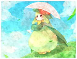 Rule 34 | 1girl, blue sky, blush, border, cloud, colored skin, creatures (company), day, female focus, flat chest, flower, game freak, gen 5 pokemon, grass, green hair, green skin, hair flower, hair ornament, hands up, highres, holding, holding umbrella, ka ei volltis, lilligant, long hair, looking at viewer, monster girl, multicolored skin, nintendo, no mouth, outdoors, parasol, plant girl, pokemon, pokemon (creature), red eyes, red flower, sidelocks, sky, solo, transparent, two-tone skin, umbrella, veil, white border, white skin