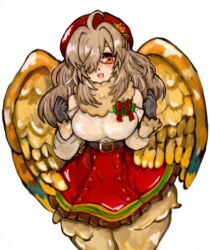 Rule 34 | 1girl, ahoge, animal hands, belt, bird legs, blush, breasts, brown hair, commentary request, eva (pumpkin cat04), feathered wings, feathers, glasses, hair intakes, hair over one eye, harpy, highres, large breasts, long hair, monster girl, neck fur, neck ruff, off-shoulder shirt, off shoulder, one eye covered, open mouth, red-framed eyewear, red skirt, semi-rimless eyewear, shirt, simple background, skirt, solo, tokyo houkago summoners, white shirt, wings, ziz (housamo)