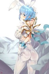 Rule 34 | 1girl, animal ears, arm up, armor, ass, blue eyes, blue hair, blurry, blush, bodysuit, borrowed character, breasts, cape, cowboy shot, deep skin, depth of field, extra ears, eyelashes, from behind, gloves, hair between eyes, highres, looking back, matching hair/eyes, original, parted lips, pauldrons, ponytail, rabbit ears, shoulder armor, signature, simple background, skin tight, solo, sunlight, white background, white gloves, yd (orange maru)