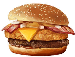 Rule 34 | bacon, beef, burger, cheese, commentary request, food, food focus, lowres, no humans, onion, original, realistic, sauce, simple background, still life, taka (takahirokun), white background