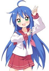 Rule 34 | 1girl, :3, ahoge, arm up, blue hair, blush, bright pupils, cowboy shot, dot nose, double horizontal stripe, flipped hair, green eyes, hair between eyes, haru (konomi 150), highres, izumi konata, long hair, long sleeves, looking at viewer, lucky star, neckerchief, open mouth, pleated skirt, red neckerchief, red sailor collar, red skirt, ryouou school uniform, sailor collar, school uniform, serafuku, shirt, sidelocks, simple background, skirt, smile, solo, standing, straight hair, very long hair, white background, white shirt