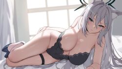 Rule 34 | 1girl, absurdres, animal ears, bare arms, bare shoulders, black leotard, blue archive, blush, breasts, bright pupils, cat ears, cleavage, closed mouth, cross hair ornament, grey hair, hair between eyes, hair ornament, halo, hashtag-only commentary, highleg, highleg leotard, highres, large breasts, leotard, long hair, looking at viewer, lying, mismatched pupils, on side, shiroko (blue archive), shiroko terror (blue archive), smile, thigh strap, thighs, white pupils, yukiaka