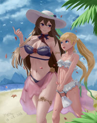 Rule 34 | 2018, 2girls, :d, armlet, artist name, ball, beach, beachball, bikini, bird, blonde hair, blue eyes, blush, breasts, brown hair, cloud, dated, day, flower, frilled bikini, frills, granblue fantasy, green hair, hair between eyes, hair flower, hair ornament, hat, highres, holding, io (granblue fantasy), io (summer) (granblue fantasy), long hair, looking at another, medium breasts, multicolored hair, multiple girls, nail polish, navel, open mouth, outdoors, parted lips, petals, pointing, pointing up, poo kai jun, pouch, purple eyes, rosetta (granblue fantasy), rosetta (summer) (granblue fantasy), sarong, sky, smile, starfish, swimsuit, thighlet, twintails, very long hair, walking, white bikini, white hat
