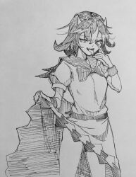 Rule 34 | 1girl, bow, bowtie, bracelet, clothes lift, dress, dress lift, greyscale, highres, horns, jewelry, kanaria (bocmn), kijin seija, lifted by self, looking at viewer, medium hair, monochrome, multicolored hair, one-hour drawing challenge, short sleeves, simple background, sketch, solo, streaked hair, tongue, tongue out, touhou, traditional media
