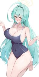 Rule 34 | 1girl, @ @, absurdres, abydos high school swimsuit, ahoge, bandaid, bare arms, bare legs, bare shoulders, barefoot, black one-piece swimsuit, blue archive, blush, breasts, cleavage, collarbone, covered navel, green hair, hair between eyes, halo, highres, kuroshiro kanae, large breasts, long hair, one-piece swimsuit, open mouth, school swimsuit, simple background, solo, swimsuit, toes, white background, yellow eyes, yellow halo, yume (blue archive)