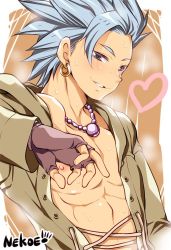 Rule 34 | 1boy, artist name, black gloves, blue hair, camus (dq11), dragon quest, dragon quest xi, fingerless gloves, gloves, heart, looking at viewer, male focus, nipples, parted lips, sakuraprin, smile, solo, spiked hair, upper body
