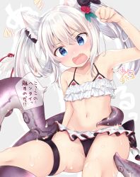 Rule 34 | 1girl, animal ears, arm up, armpits, azur lane, bare arms, bare shoulders, bikini, bikini skirt, black bikini, black bow, blue eyes, blush, bow, cameltoe, cat ears, cat girl, clenched hand, clothes lift, collarbone, commentary request, embarrassed, fang, flat chest, flower, frilled bikini, frills, grey background, groin, hair between eyes, hair bow, hair flower, hair ornament, hair rings, hammann (azur lane), hammann (rebellious summer) (azur lane), head tilt, liquid, long hair, looking away, looking down, maruma (maruma gic), navel, nose blush, open mouth, outline, red bikini, red flower, red rose, rose, sidelocks, signature, simple background, skirt, skirt lift, solo, speech bubble, stomach, suction cups, swimsuit, talking, tentacles, thigh strap, twintails, white hair, white outline, white skirt