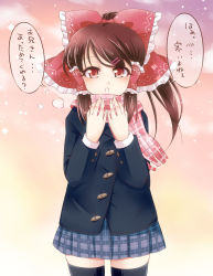 Rule 34 | 1girl, :o, alternate costume, black thighhighs, blush, brown hair, cold, contemporary, female focus, hair ornament, hair tubes, hairclip, hakurei reimu, haruki (colorful macaron), highres, long hair, ponytail, red eyes, scarf, skirt, snow, solo, speech bubble, thighhighs, touhou, translation request, winter