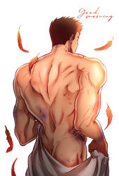 Rule 34 | 1boy, absurdres, ass, back, bara, boku no hero academia, bruise, facial hair, feathers, from behind, hickey, highres, injury, looking away, male focus, mature male, muscular, muscular male, naked towel, red feathers, red hair, short hair, sideburns, sigma778, solo, spiked hair, stubble, endeavor (boku no hero academia), towel