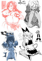Rule 34 | 2boys, 4girls, ahoge, anger vein, ass, back, barefoot, blush, bow, breasts, character request, chibi, chibi inset, cleavage, clenched teeth, dark-skinned female, dark skin, dress, feet, gloves, grin, guilty gear, guilty gear xrd, hair between eyes, hair bow, heart, heart hands, huge breasts, idolmaster, idolmaster cinderella girls, idolmaster cinderella girls starlight stage, juliet sleeves, kantai collection, knees up, long hair, long sleeves, marvel, monochrome, mukai takumi, multiple boys, multiple girls, o-ring, one eye closed, p-head producer, pointy ears, producer (idolmaster), puffy sleeves, ramlethal valentine, school uniform, serafuku, sitting, smile, spider-man, spider-man (series), sweat, teeth, thigh strap, thighs, torn clothes, trembling, underboob, ushio (kancolle), white hair, whoosaku