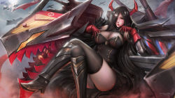 Rule 34 | 1girl, aircraft, airplane, azur lane, bare shoulders, black hair, black thighhighs, blush, breasts, brown eyes, cleavage, dress, friedrich der grosse (azur lane), gloves, grey sky, hair over one eye, horn ornament, horns, large breasts, long hair, looking at viewer, mechanical horns, monster, red gloves, red horns, sky, smile, solo, thighhighs, turewindwalker, turret, very long hair