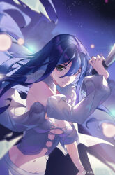 Rule 34 | 1girl, absurdres, artist request, bare shoulders, blue hair, building, cang yue (tou xing jiuyue tian), closed mouth, detached sleeves, dutch angle, floating hair, glint, grey eyes, highres, holding, holding knife, knife, lens flare, long hair, navel, reverse grip, second-party source, skyscraper, solo, star (sky), tou xing jiuyue tian, upper body, vest, white vest