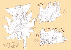 Rule 34 | 1girl, alternate costume, animal ears, arknights, bobby socks, closed mouth, commentary, crying, dress, fox ears, fox girl, fox tail, highres, kitsune, kyuubi, long sleeves, monochrome, multiple tails, multiple views, niwatori (akira 207), open mouth, puffy long sleeves, puffy sleeves, shoes, simple background, socks, suzuran (arknights), symbol-only commentary, tail, tripping, yellow background