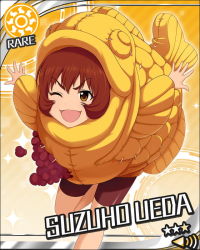 Rule 34 | 10s, 1girl, artist request, brown eyes, card (medium), character name, costume, fish costume, idolmaster, idolmaster cinderella girls, looking at viewer, official art, one eye closed, open mouth, red hair, short hair, smile, solo, sun symbol, ueda suzuho