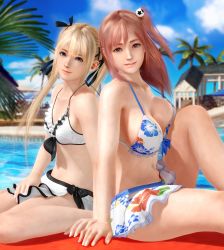 Rule 34 | 2girls, 3d, back-to-back, bikini, bikini skirt, blonde hair, breasts, cleavage, dead or alive, dead or alive xtreme, highres, honoka (doa), large breasts, looking at viewer, marie rose, multiple girls, navel, official art, pink hair, side ponytail, sitting, small breasts, smile, stomach, swimsuit, twintails