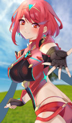Rule 34 | 1girl, black gloves, breasts, chest jewel, earrings, fingerless gloves, gloves, highres, jewelry, kyaro (wanu 14), large breasts, pyra (xenoblade), red eyes, red hair, red shorts, short hair, short shorts, shorts, solo, swept bangs, tiara, xenoblade chronicles (series), xenoblade chronicles 2