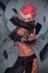 Rule 34 | 1boy, abs, arm up, bare pectorals, belt, belt buckle, buckle, bulge, card, collared jacket, covered mouth, facepaint, fighting stance, fishnets, floating card, floating hair, hand up, heart, high collar, highres, hip vent, hisoka morow, holding, holding card, hunter x hunter, jacket, long sleeves, looking at viewer, male focus, morry, navel, open clothes, open jacket, orange eyes, pants, pectorals, pink hair, playing card, short hair, spiked jacket, spikes, star (symbol), stomach, toned, toned male, zipper, zipper pull tab