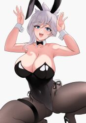 Rule 34 | asymmetrical hair, bare shoulders, black bow, black bowtie, blue eyes, blush, bow, bowtie, breasts, cleavage, detached collar, fate/grand order, fate (series), grey hair, gudakoguda, hair ornament, high heels, large breasts, leotard, miyamoto musashi (fate), open mouth, pantyhose, playboy bunny, rabbit hair ornament, rabbit pose, rabbit tail, smile, squatting, tail, thigh strap, thighs, white background, white wrist cuffs, white wristband, wrist cuffs