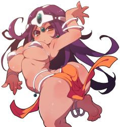 Rule 34 | 1girl, absurdres, arm up, ass, bare arms, bare legs, bare shoulders, barefoot, blush, bra, breasts, curly hair, dark-skinned female, dark skin, dragon quest, dragon quest iv, eyes visible through hair, female focus, highres, large breasts, long hair, manya (dq4), micro bra, original, parted lips, shiny skin, soles, solo, standing, standing on one leg, underwear, v-shaped eyebrows, white background, white bra, zankuro