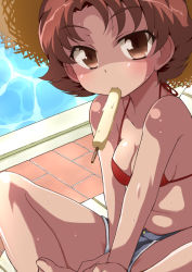 Rule 34 | 00s, 1girl, bikini, bikini top only, bra, breasts, brown eyes, brown hair, cleavage, food, food in mouth, hat, lingerie, matsushima kei, mouth hold, natsuki rin, pool, popsicle, precure, red bikini, sexually suggestive, short hair, shorts, sideboob, small breasts, solo, strap gap, straw hat, summer, sweat, swimsuit, underwear, yes! precure 5