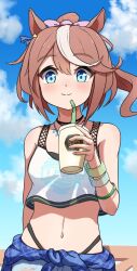 Rule 34 | 1girl, animal ears, bamboo memory (ultra marine) (umamusume), bamboo memory (umamusume), bamboo memory (umamusume) (cosplay), bare shoulders, bikini, bikini under clothes, blue eyes, blush, breasts, brown hair, closed mouth, clothes around waist, cloud, cosplay, crop top, cup, day, disposable cup, drinking straw, highres, holding, holding cup, horse ears, jewelry, long hair, looking at viewer, midriff, multicolored hair, mutou coffee, navel, necklace, outdoors, ponytail, shirt, shorts, small breasts, smile, solo, streaked hair, swimsuit, tank top, tokai teio (umamusume), umamusume, white shirt, wristband