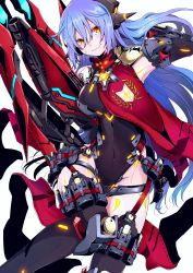 Rule 34 | 1girl, absurdres, android, breasts, covered navel, glowing, highleg, highleg leotard, highres, large breasts, leotard, long hair, nintendo, orange eyes, poppi (xenoblade), poppi qtpi (xenoblade), purple hair, solo, tabard, thighhighs, thighs, weapon, white background, xenoblade chronicles (series), xenoblade chronicles 2