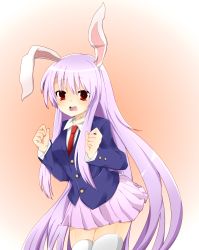 Rule 34 | 1girl, animal ears, arms up, blazer, breasts, buttons, dress shirt, gradient background, highres, jacket, long hair, long sleeves, looking at viewer, necktie, open mouth, purple hair, rabbit ears, red eyes, red necktie, reisen udongein inaba, shirt, skindentation, small breasts, solo, thighhighs, touhou, very long hair, white shirt, white thighhighs, yukina (masyumaro610), zettai ryouiki