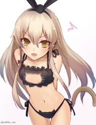 Rule 34 | 10s, 1girl, arms behind back, bare shoulders, black bra, black panties, blonde hair, blush, bra, breasts, cat cutout, cat ear panties, cat lingerie, cleavage cutout, clothing cutout, colored eyelashes, hair ribbon, highres, kantai collection, long hair, looking at viewer, meme attire, navel, open mouth, panties, ribbon, shimakaze (kancolle), side-tie panties, simple background, sketch, small breasts, solo, tail, thigh gap, twitter username, underwear, underwear only, white background, yellow eyes, yukihama