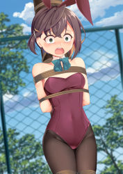 Rule 34 | 1girl, adapted costume, animal ears, aqua bow, aqua bowtie, black hair, black pantyhose, blue sky, bow, bowtie, breasts, brown hair, cloud, covered navel, day, detached collar, fake animal ears, green eyes, grey eyes, highres, kantai collection, leotard, multicolored hair, okinami (kancolle), outdoors, pantyhose, playboy bunny, purple leotard, rabbit ears, restrained, rope, short hair, sky, small breasts, solo, strapless, strapless leotard, yasume yukito
