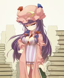 Rule 34 | 1girl, blueberry (5959), book, bow, breasts, capelet, crescent, dress, female focus, hair bow, hat, hat ribbon, holding, holding book, long hair, patchouli knowledge, purple eyes, purple hair, ribbon, solo, striped, too many, too many books, touhou, vertical stripes