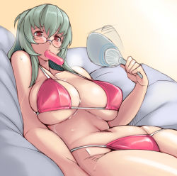 Rule 34 | 1girl, bespectacled, bikini, blush, breasts, cleavage, food, glasses, hand fan, hot, huge breasts, mouth hold, navel, aged up, paper fan, popsicle, red bikini, red eyes, rozen maiden, silver hair, sitting, skindentation, solo, suigintou, sweat, swimsuit, tsuda nanafushi, uchiwa, underboob
