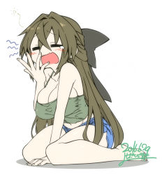 Rule 34 | 1girl, arm support, bare shoulders, barefoot, blush, bow, breasts, brown hair, camisole, closed eyes, hair bow, hand on own face, kanayama nao, large breasts, long hair, midriff, navel, open mouth, original, shorts, sitting, sketch, solo, yawning, yoshida hideyuki