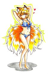 Rule 34 | 1girl, absurdres, animal ears, armpits, arms up, bikini, blonde hair, blue bikini, breasts, collarbone, female focus, fox ears, fox tail, full body, goku (acoloredpencil), gokuu (acoloredpencil), groin, heart, highres, looking at viewer, multiple tails, navel, one eye closed, outline, shadow, short hair, smile, solo, striped bikini, striped clothes, swimsuit, tail, touhou, traditional media, white background, wink, yakumo ran, yellow eyes